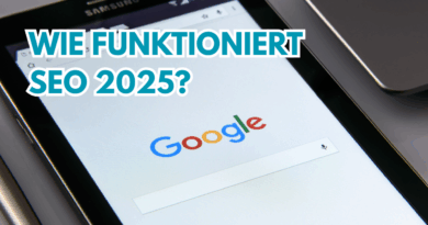 Grafik zum Thema SEO mit Suchleiste, Ranking-Symbolen und KI-Elementen