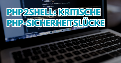 Bildschirm mit PHP-Programmcode als Symbol für die kritische PHP2Shell-Sicherheitslücke und notwendige Sicherheitsupdates.